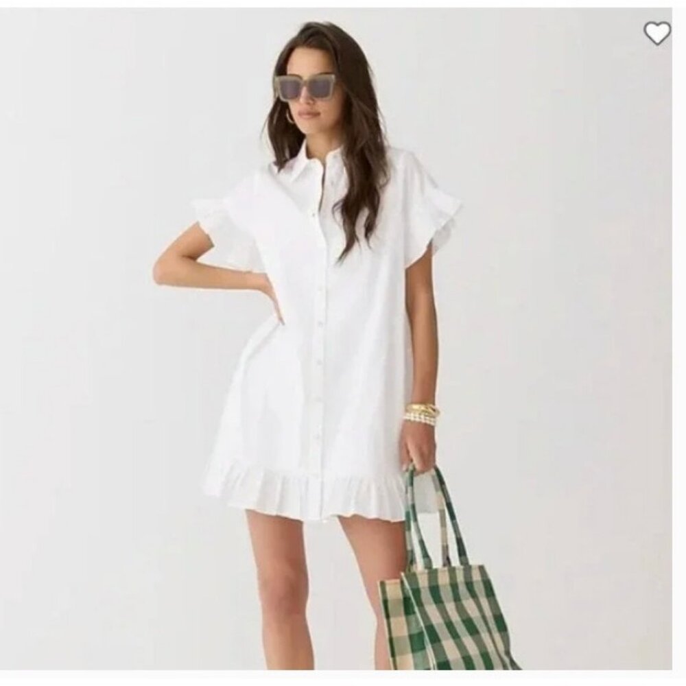 J.Crew $118 Ruffle-hem shirtdress in cotton poplin White Size L BR461